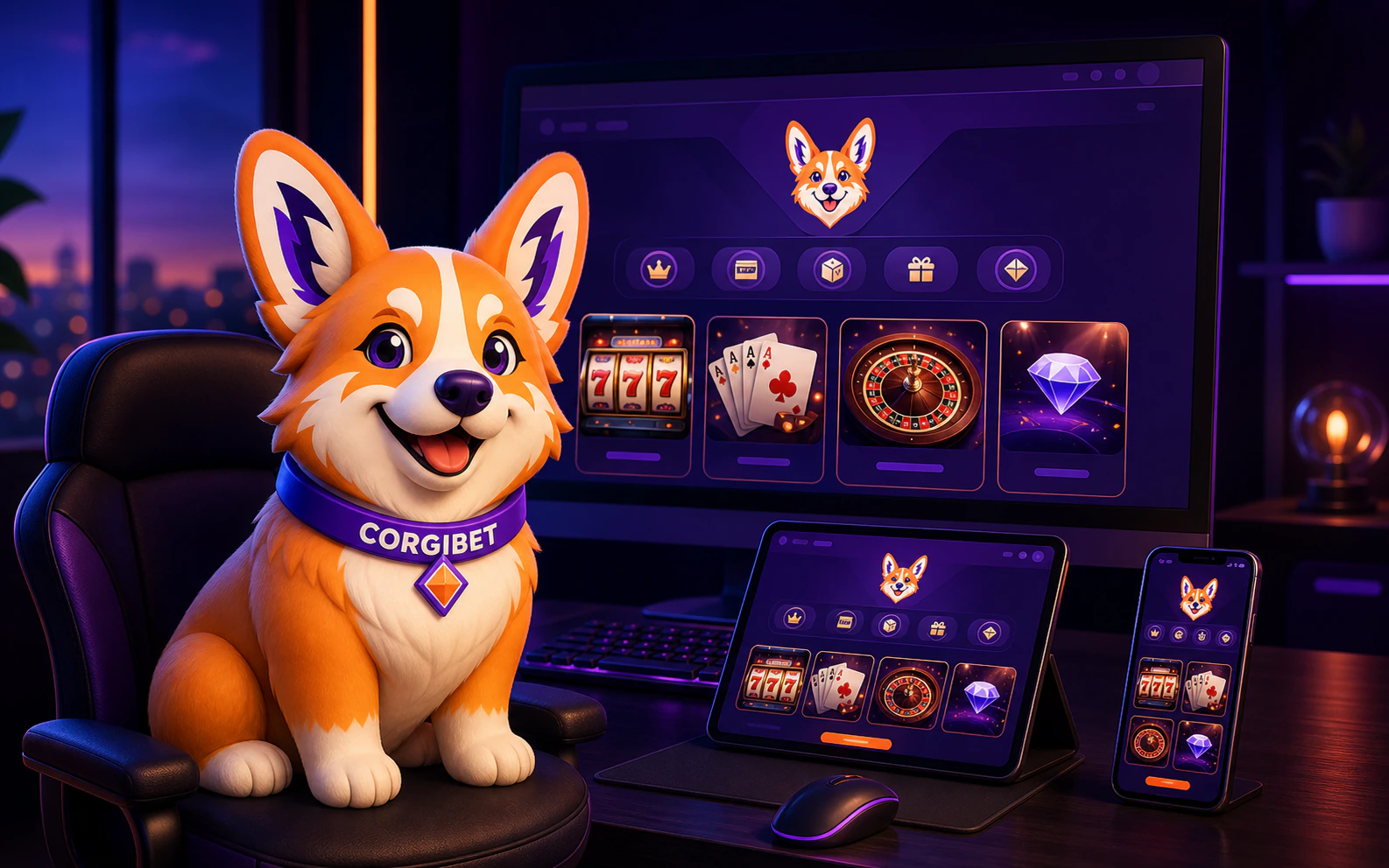 CorgiBet mascot with casino interface on desktop, tablet and phone